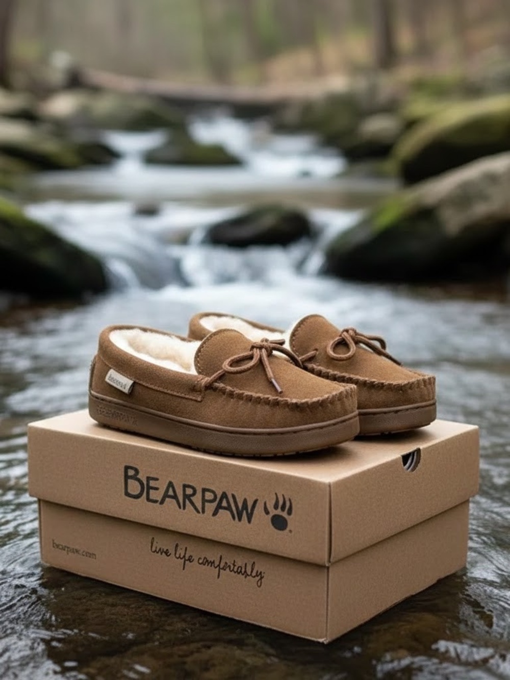 BEARPAW Moc II Youth Slippers – Suede Sheepskin Moccasins – Size 3 – Warm Cozy